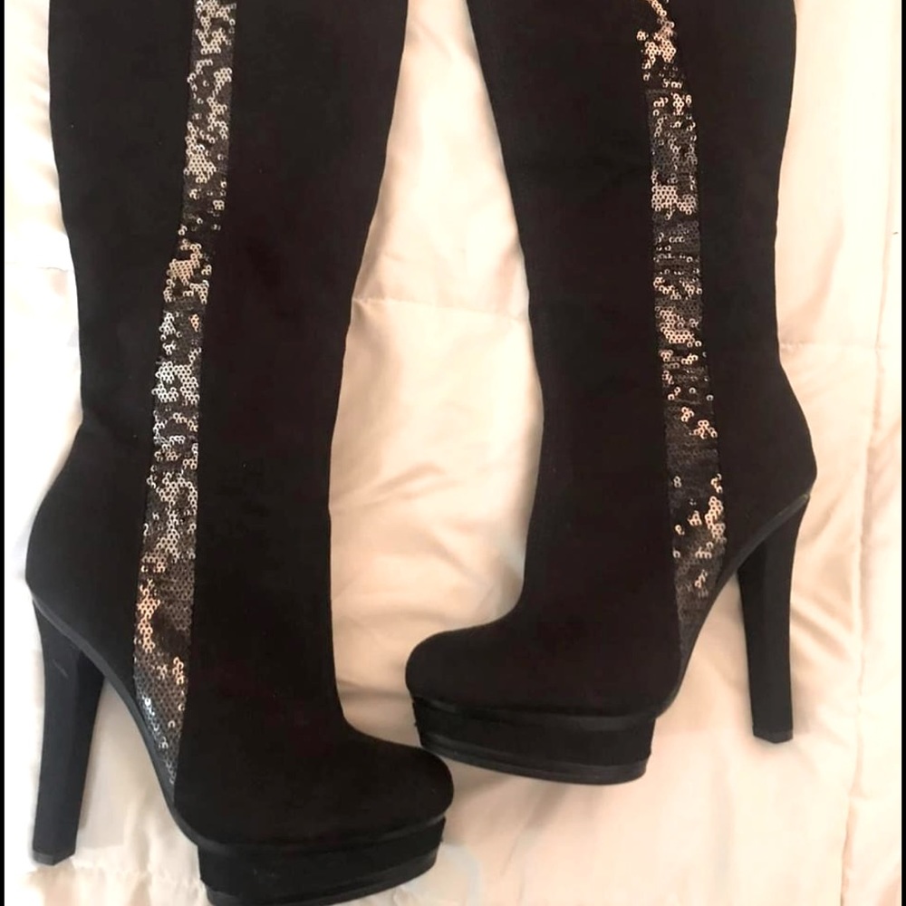 Black Knee High Boots with Sequined Sides